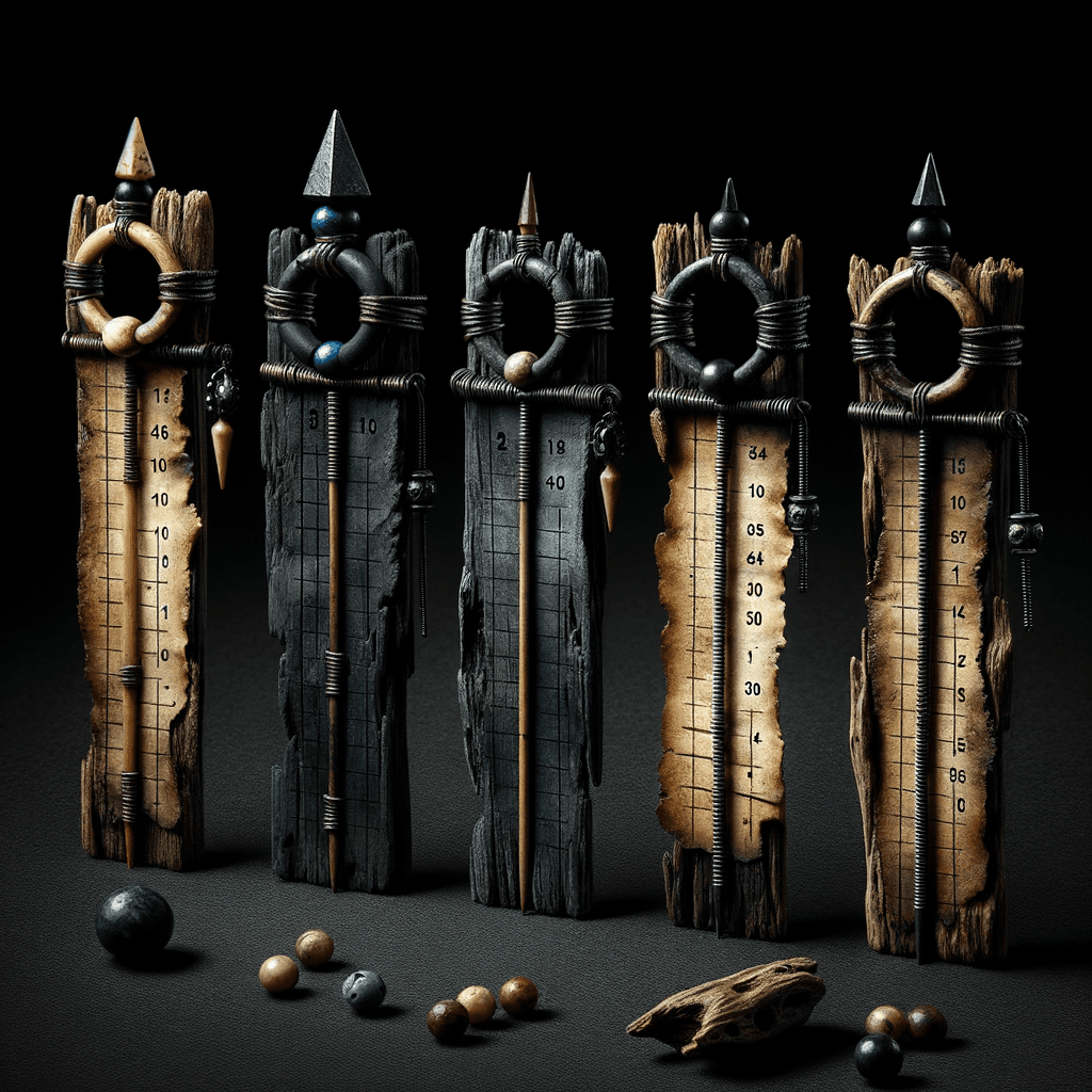 Personal Score Trackers — bone-chimes and notched wooden sticks with sliding rings