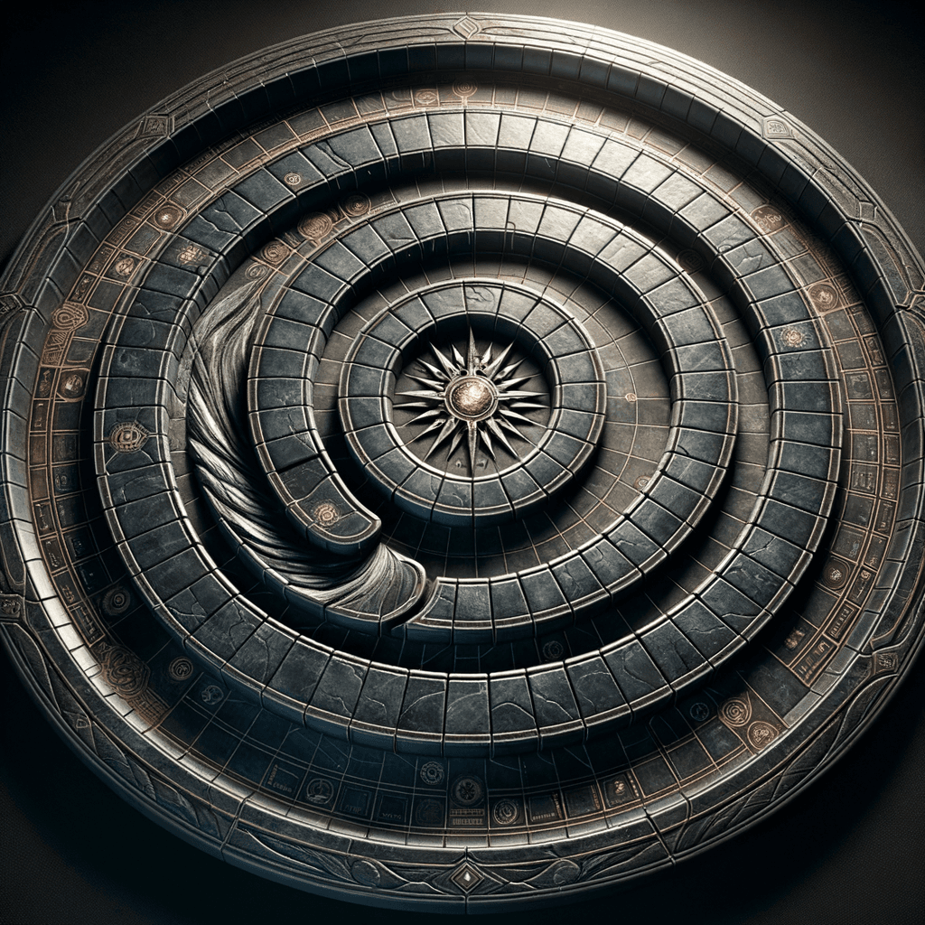 The Spiral Board — a circular obsidian slab with 100 glowing spaces